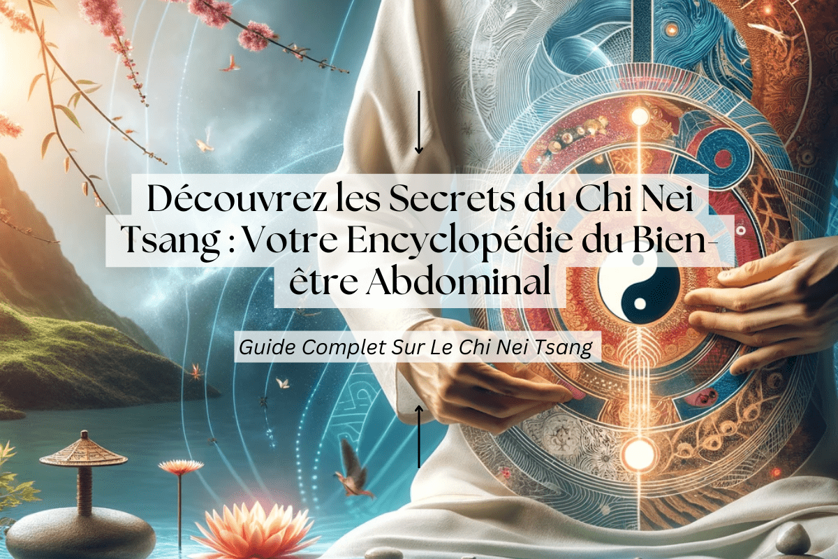 Une composition vibrante montrant une personne pratiquant le Chi Nei Tsang, entourée d'éléments taoïstes symboliques, avec le titre "Découvrez les Secrets du Chi Nei Tsang : Votre Encyclopédie du Bien-être Abdominal.