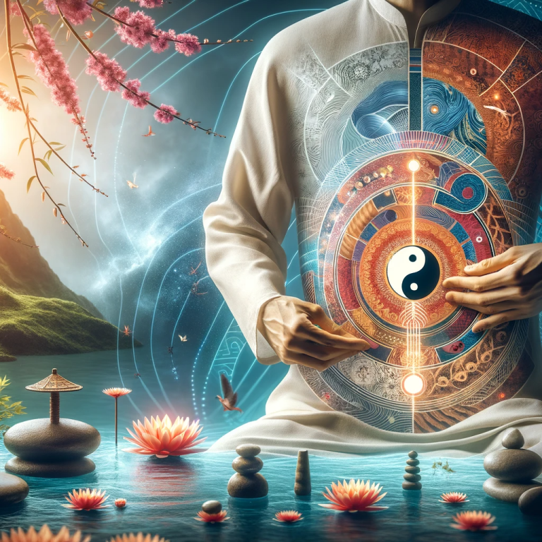Illustration d'un individu en méditation avec un yin-yang énergétique sur l'abdomen, symbolisant la pratique du massage Chi Nei Tsang pour l'équilibre et la vitalité.