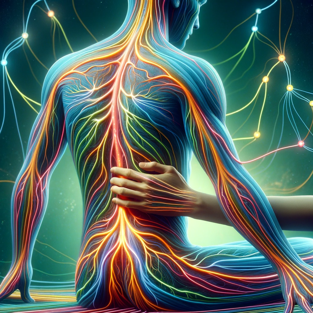 Illustration d'un corps humain avec des voies énergétiques colorées représentant les méridiens, avec des mains effectuant un massage Chi Nei Tsang pour harmoniser le Chi.