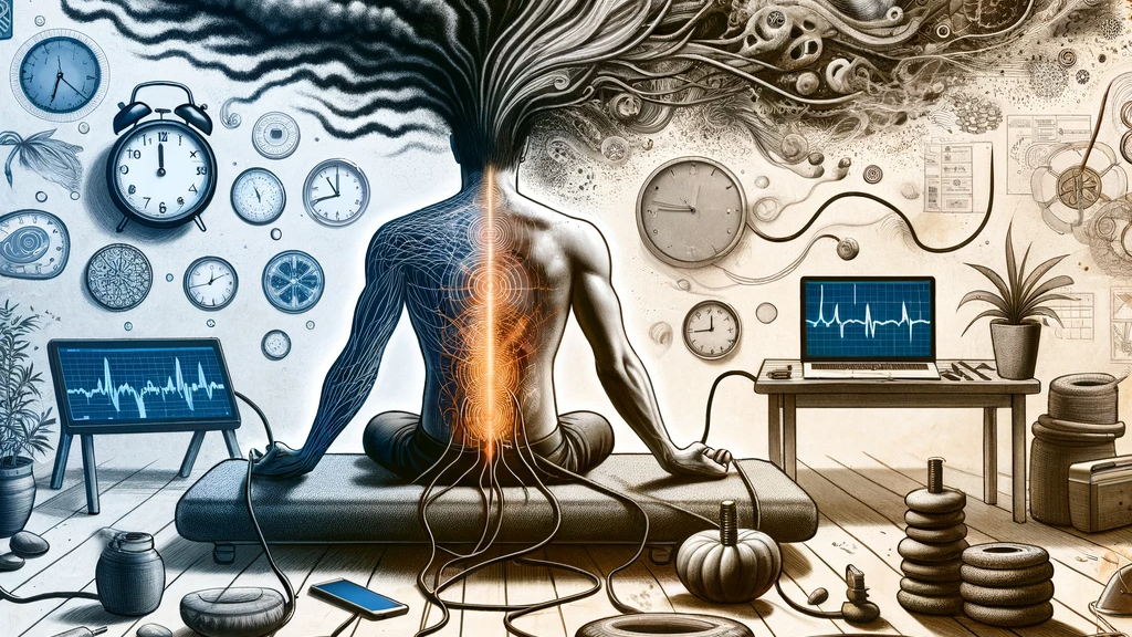 Personne en méditation avec des nuages sombres de stress s'évaporant, remplacés par des motifs énergétiques harmonieux, symbolisant la gestion du stress par le Chi Nei Tsang.