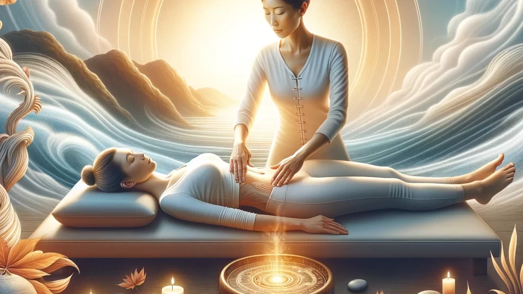 Praticienne effectuant un massage Chi Nei Tsang sur un client détendu dans un environnement apaisant, entourée de symboles d'équilibre corporel et spiritue