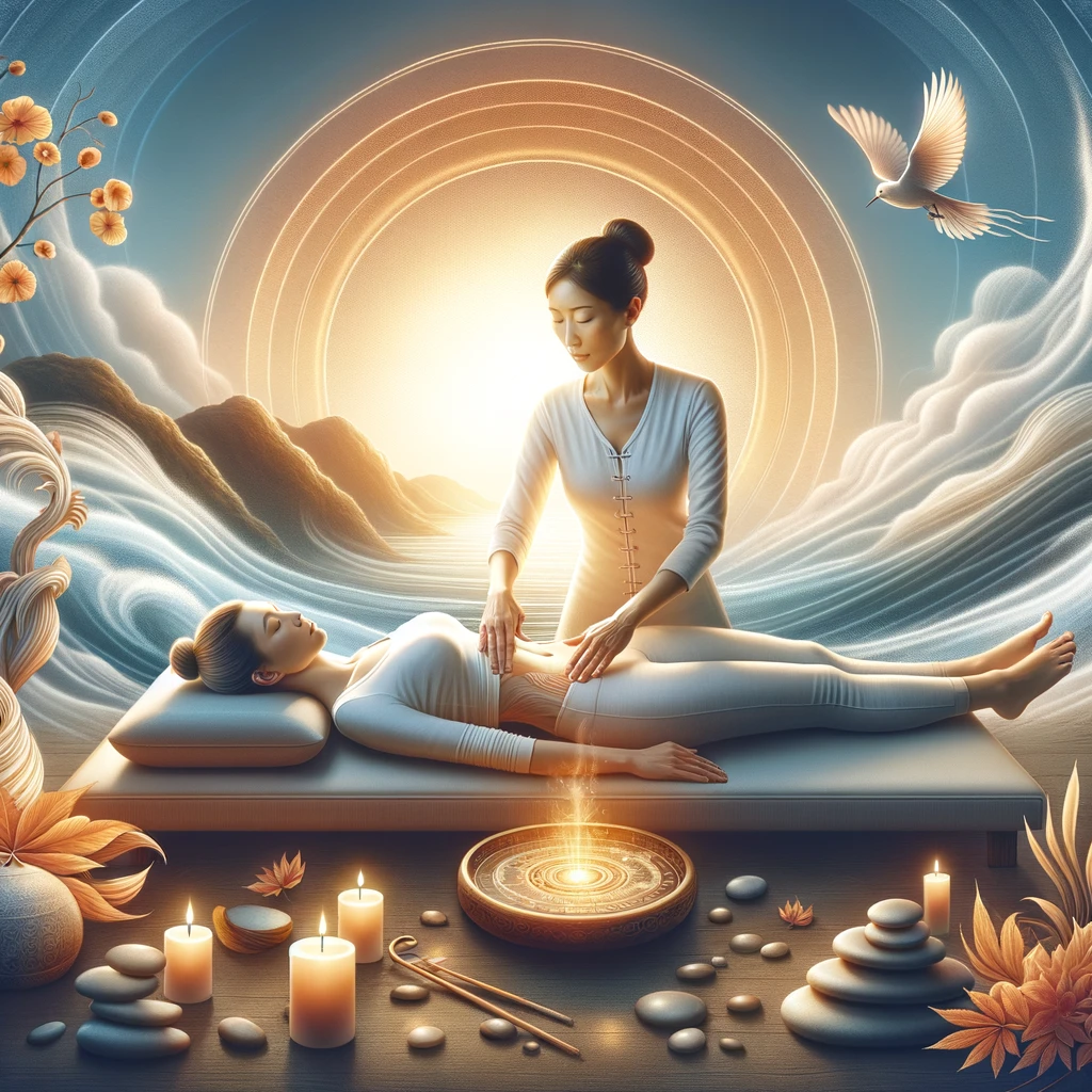 Praticienne effectuant un massage Chi Nei Tsang sur un client détendu dans un environnement apaisant, entourée de symboles d'équilibre corporel et spiritue