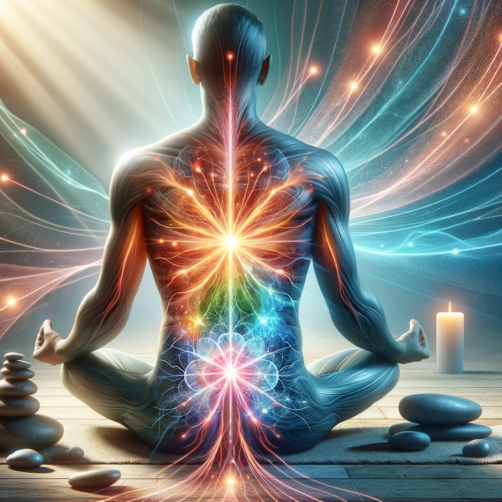 Illustration d'une personne en méditation avec des voies énergétiques lumineuses convergeant vers l'abdomen, soulignant l'importance de cette zone dans le massage Chi Nei Tsang.