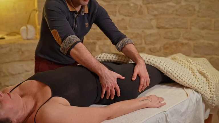 Mains posées sur les flancs de l'abdomen, le long du trajet du côlon, pour masser le ventre dans le bon sens